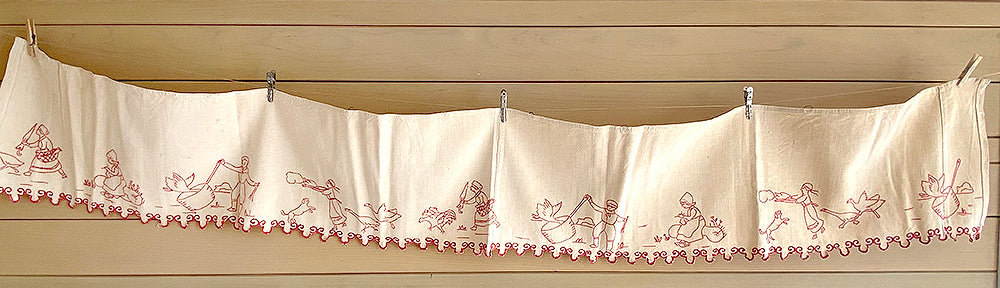Antique Red Work Shelf Liner / Geese and Chickens