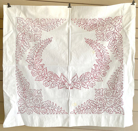 Antique Red Work Pillow Covers or Panels / Wreath