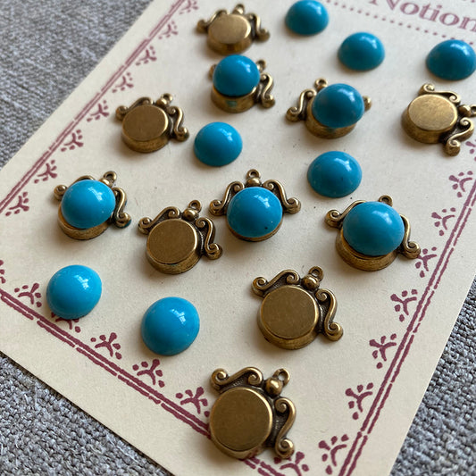 Vintage Turquoise Cabochons and Brass Bezels - Round