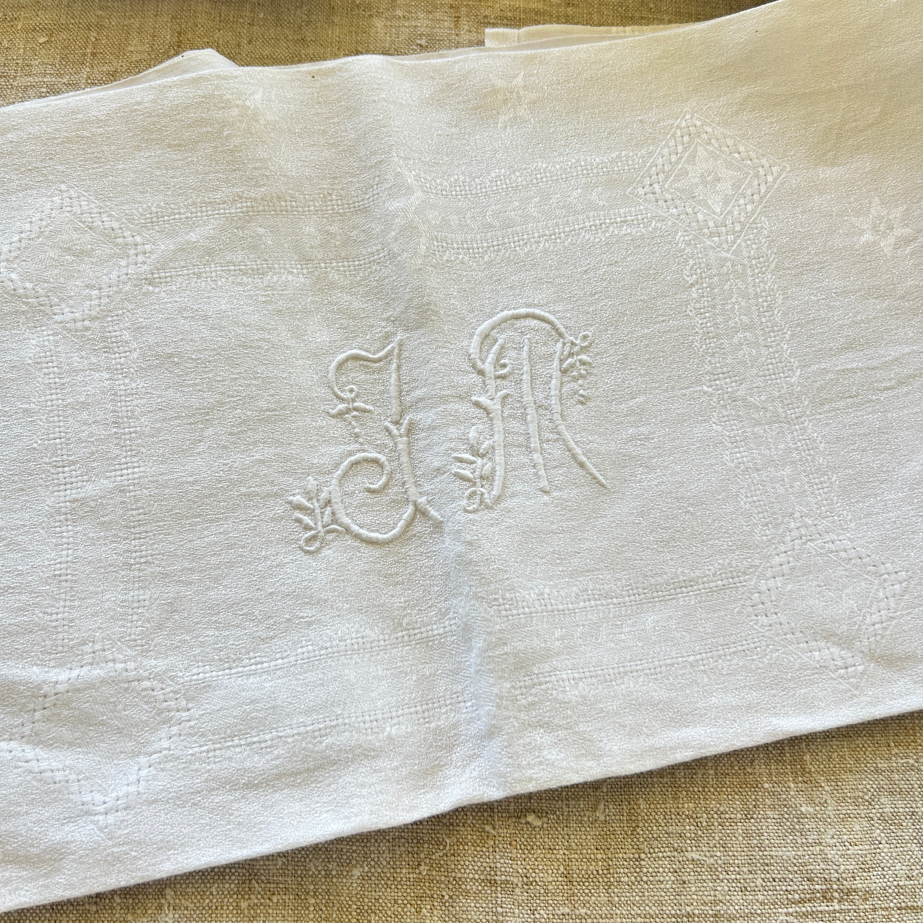 Vintage White Damask Napkins - Set of Nine / JM Monogram