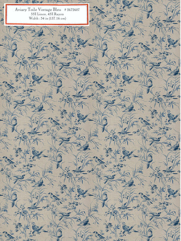 Home Decorative Fabric - Aviary Toile Vintage Bleu