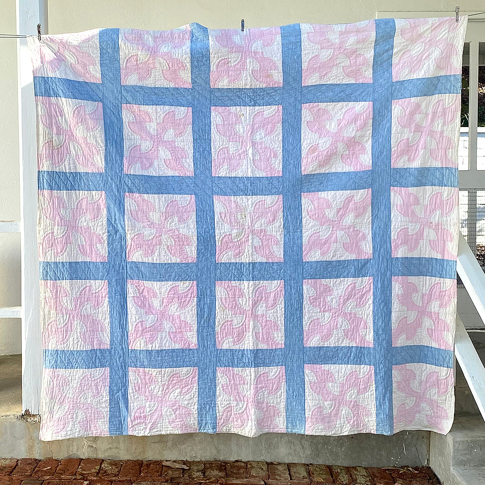Vintage Blue and Pink Drunkards Path Quilt