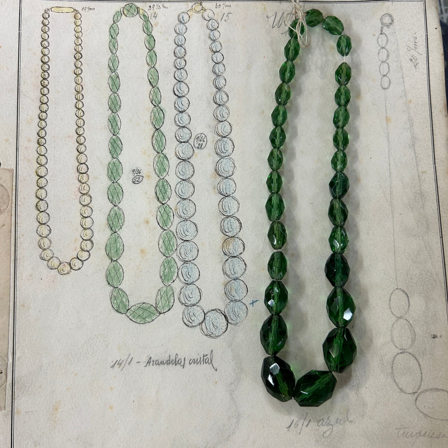 Antique Czech Faceted Green Glass Beads 15"