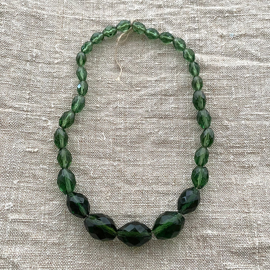 Antique Czech Faceted Green Glass Beads 15"