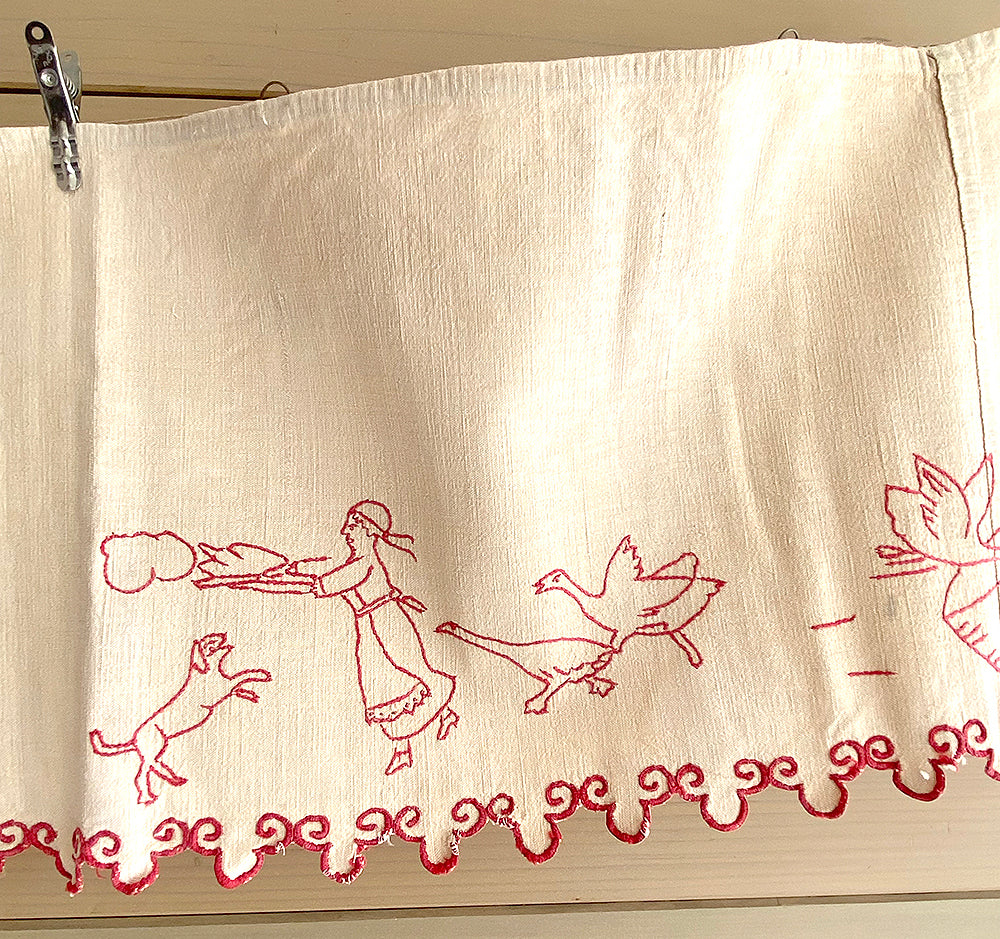Antique Red Work Shelf Liner / Geese and Chickens