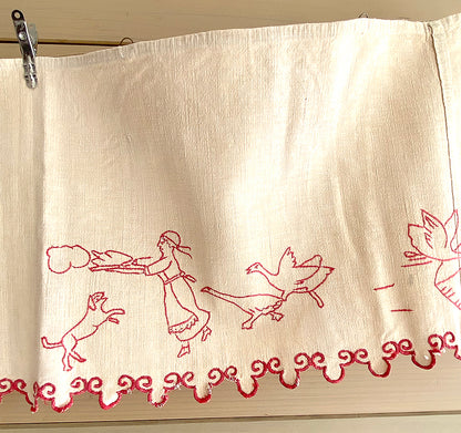Antique Red Work Shelf Liner / Geese and Chickens