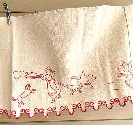 Antique Red Work Shelf Liner / Geese and Chickens
