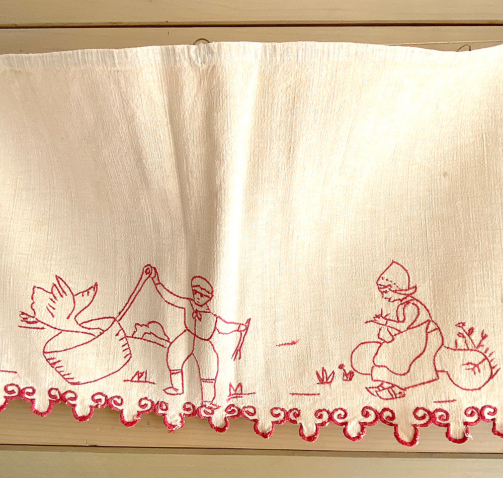 Antique Red Work Shelf Liner / Geese and Chickens