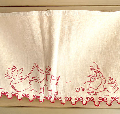Antique Red Work Shelf Liner / Geese and Chickens