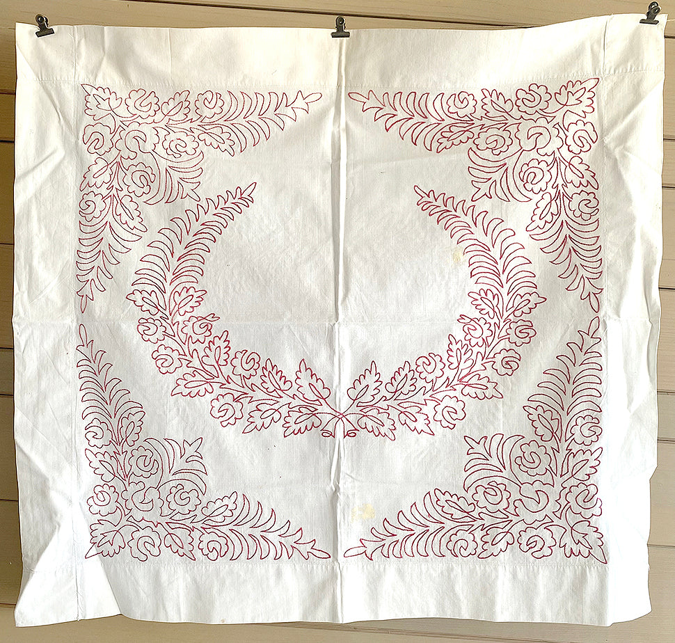 Antique Red Work Pillow Covers or Panels / Wreath