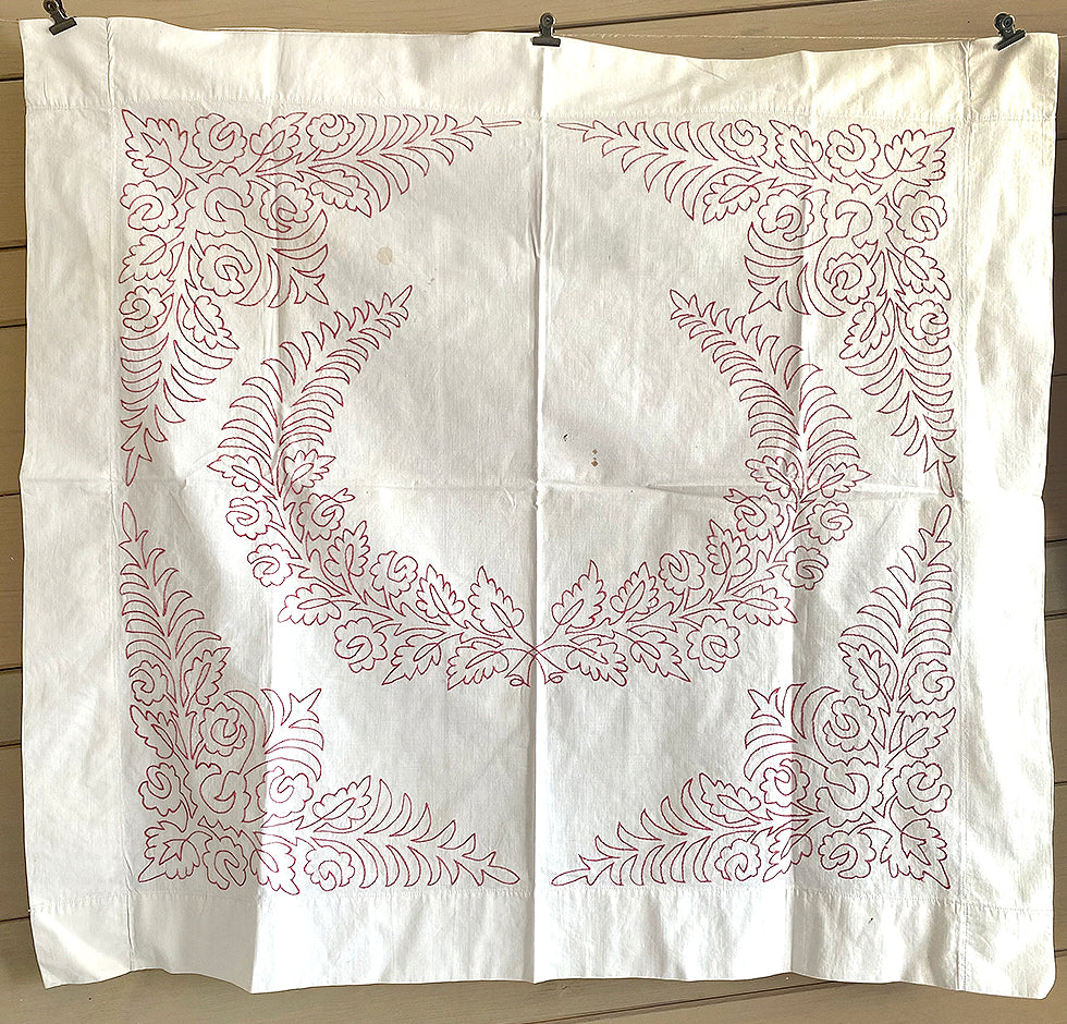 Antique Red Work Pillow Covers or Panels / Wreath