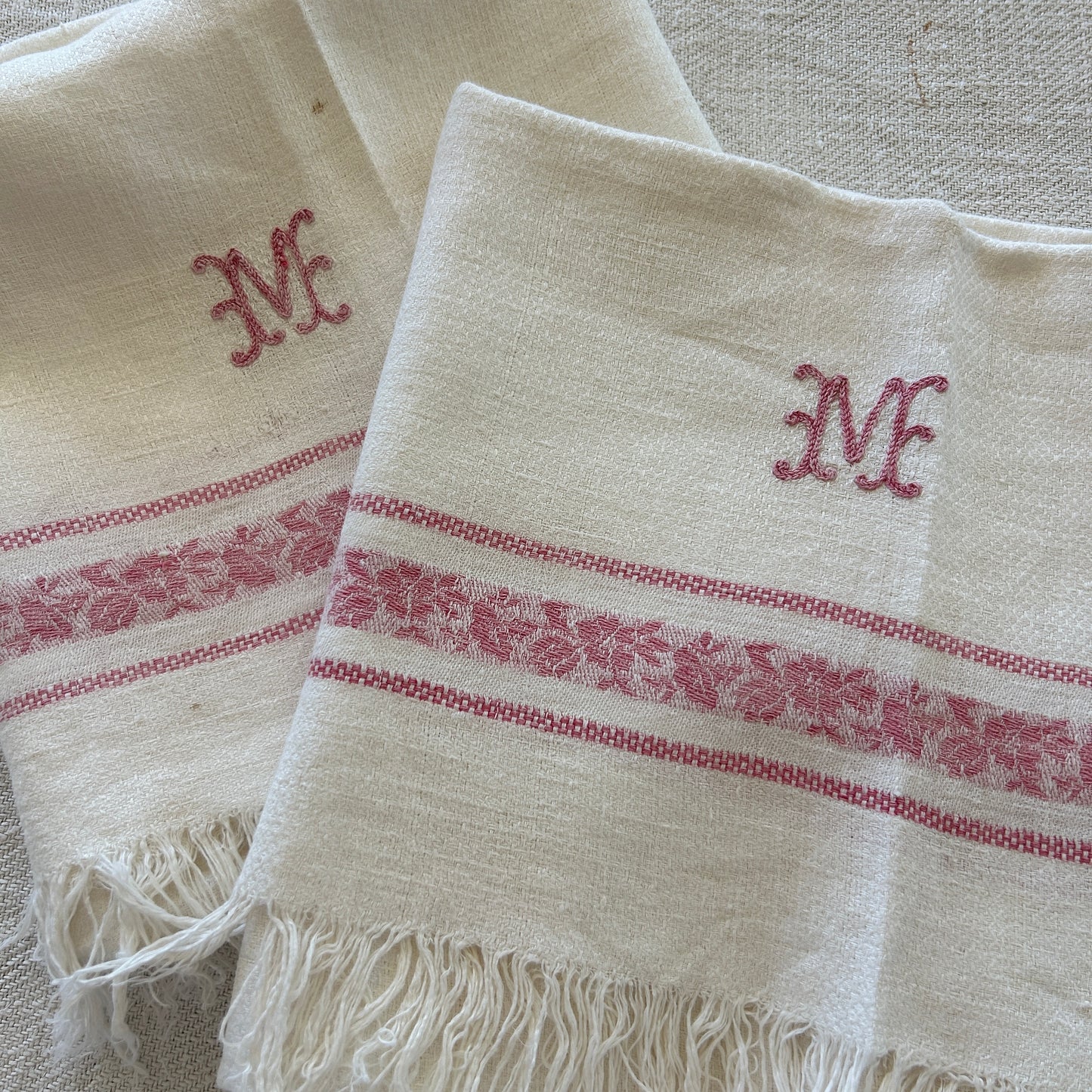 Antique French Hand Towel / Set of 2 / M Monogram