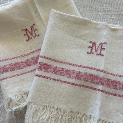 Antique French Hand Towel / Set of 2 / M Monogram