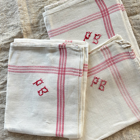 Vintage French Tea Towels - PB Monogram - Set of Three