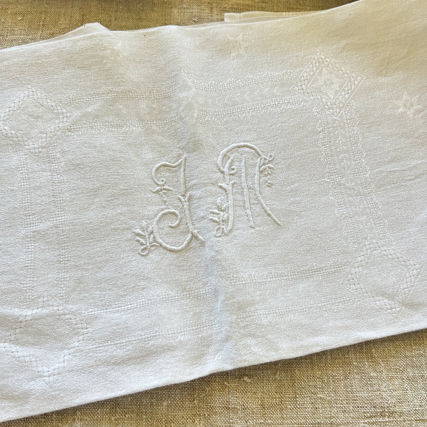Vintage White Damask Napkins - Set of Nine / JM Monogram