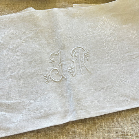 Vintage White Damask Napkins - Set of Nine / JM Monogram