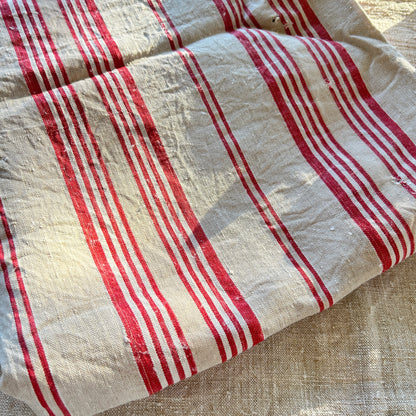 Antique French Linen Ticking Panel - Red and Natural
