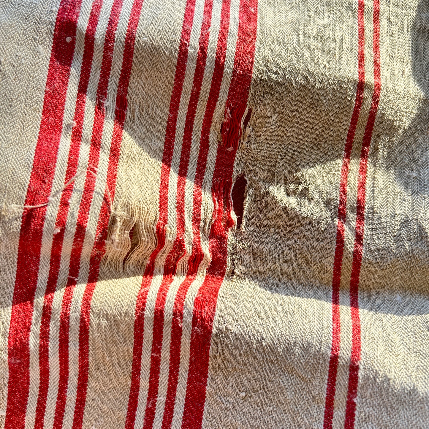 Antique French Linen Ticking Panel - Red and Natural