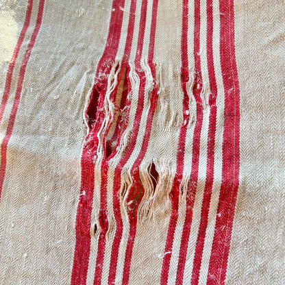 Antique French Linen Ticking Panel - Red and Natural