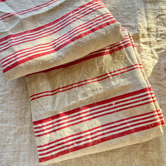 Antique French Linen Ticking Panel - Red and Natural