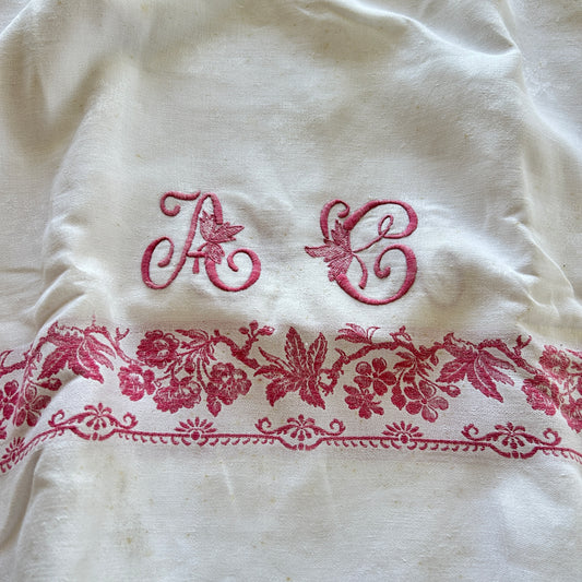 Vintage French Cotton Damask Tablecloth - AC Monograms