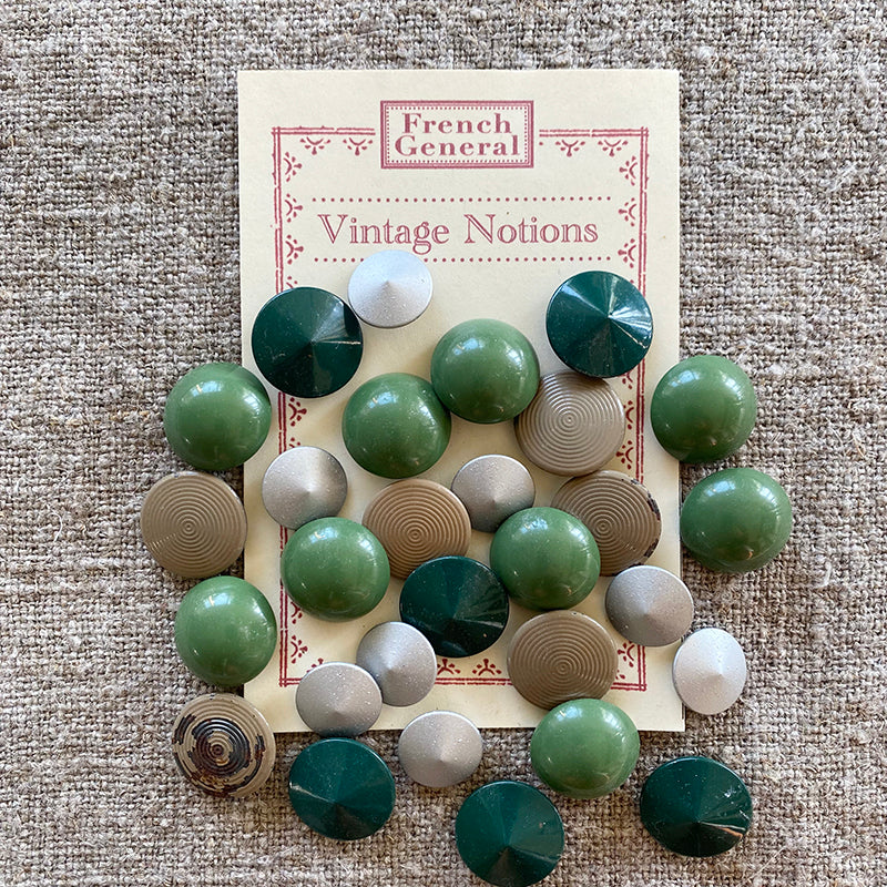 Vintage French Metal Buttons - Taupe, Silver and Green