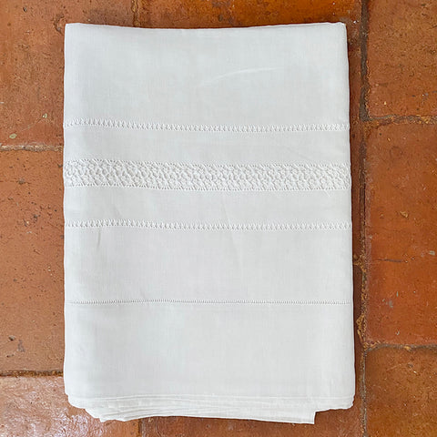 Antique Linen Sheet with Hand-Stitched Border / MF /FM Monogram
